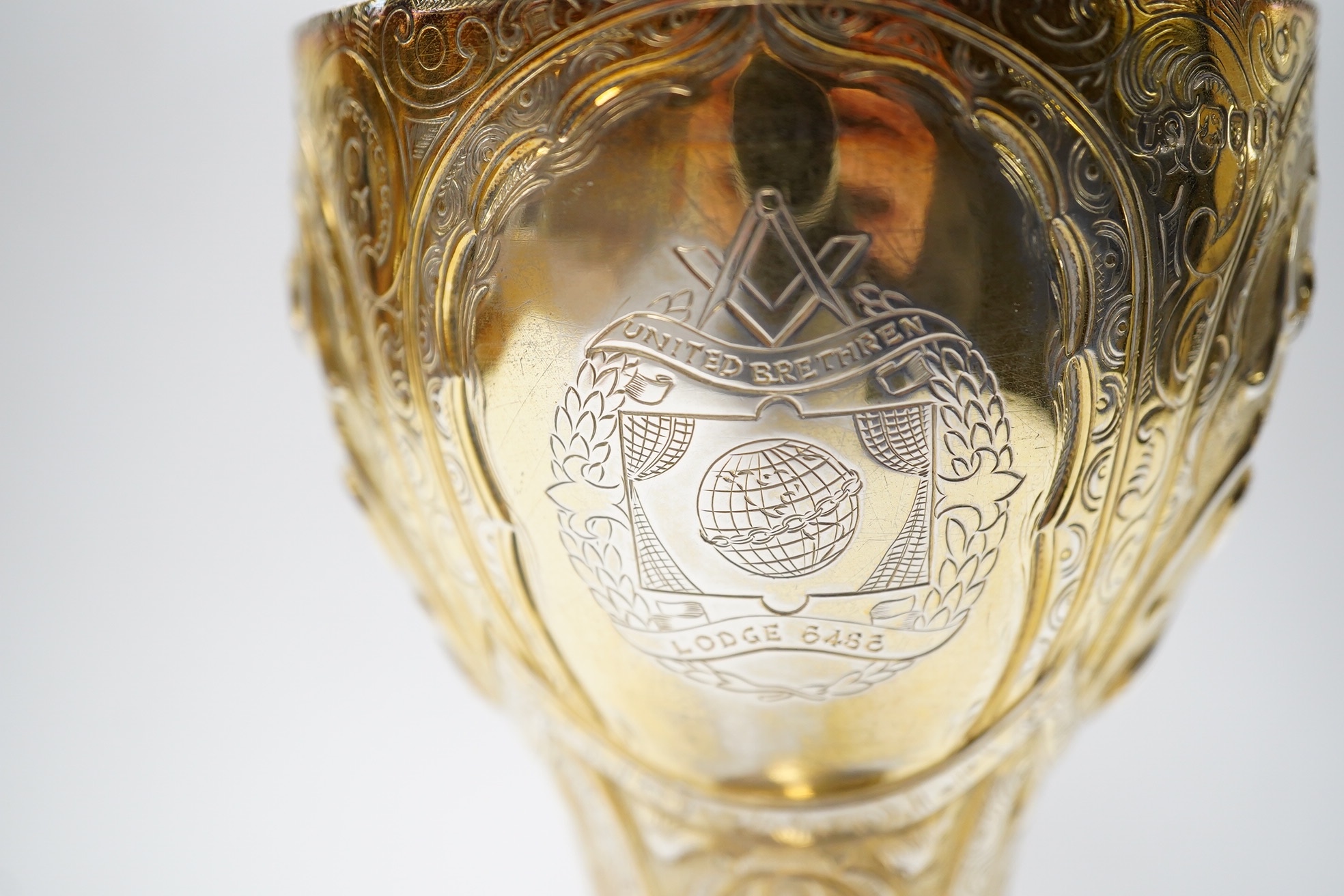 A Victorian embossed silver gilt goblet, Thomas Smily, London, 1866, 17.1cm, 6.7oz. Condition - poor to fair